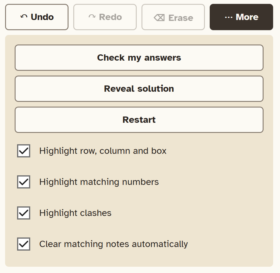 The More menu open, showing Check my answers, Reveal solution, Restart and four highlighting switches