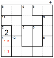 Before: column 1 already holds 1, 2 and 3, so the 5 cage at the top is 4 and 1