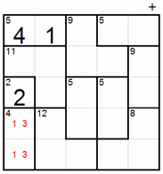 After: column 1 already holds 1, 2 and 3, so the 5 cage at the top is 4 and 1