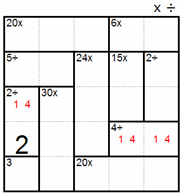 After: the 4÷ cage uses 1 and 4 in row 4, so the 2÷ square in that row is 2