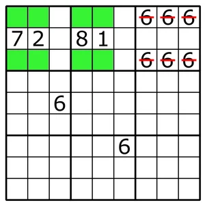 Two boxes with 6 confined to rows 1 and 3, and 6 crossed out in rows 1 and 3 of the third box