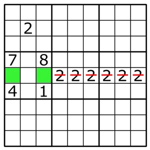 Two green squares in row 5 of a box, with 2 crossed out along the rest of row 5
