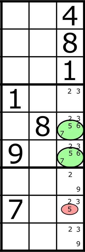 Part of a column where 6 and 7 appear only in two green squares, and a red 5 lower down