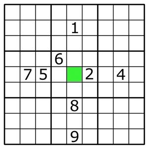 Sudoku grid with one green square whose row, column and box together rule out every number except 3