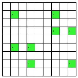 Step 1: the candidate 4s in rows 2, 4, 6 and 8, two in each row