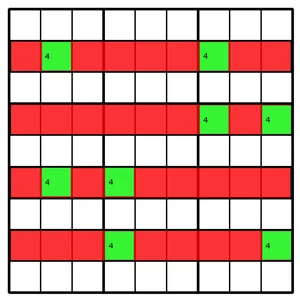 Step 2: rows 2, 4, 6 and 8 highlighted with the possible 4s in green